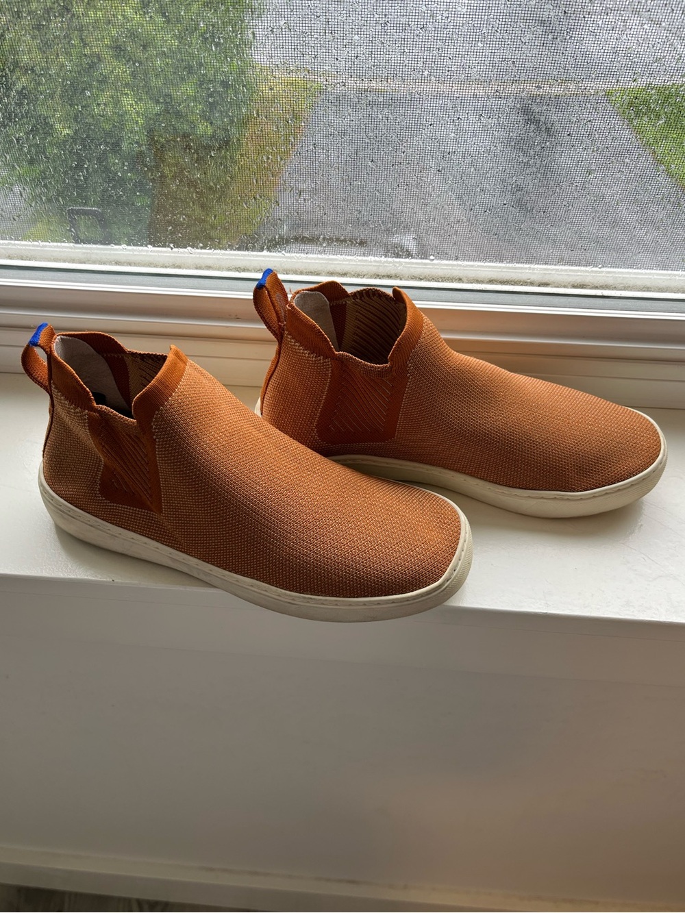 Rothy's womens knit slip-on sneakers in sandy brown with Ivory Sole